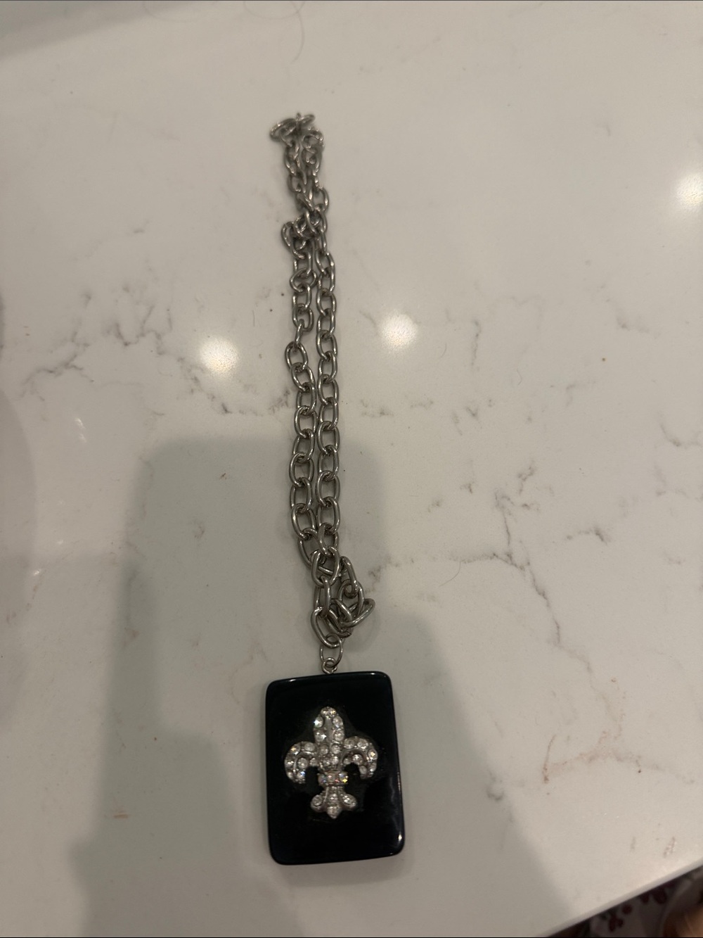 Silver Chain Necklace with Black Pendant and Crystal Fleur-de-Lis
